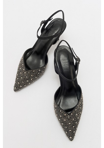 Vilka Siyah Saten Taşlı Sivri Burun Ince Topuklu Abiye Ayakkabı modelleri