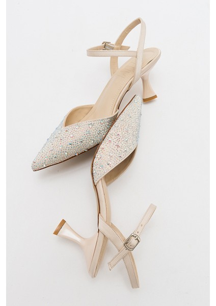 Vilka Ekru Saten Taşlı Kadın Sivri Burun Ince Topuklu Abiye Ayakkabı fırsatları