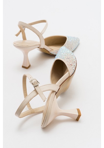 Vilka Ekru Saten Taşlı Kadın Sivri Burun Ince Topuklu Abiye Ayakkabı indirimleri