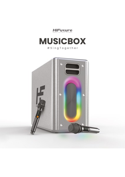 MusicBox Bluetooth 5.0 IPX4 Su Geçirmez RGB Aydınlatmalı 100W TWS Çift Modlu EQ Bass Boost & 3D Çift Mikrofonlu Taşınabilir Karaoke Sistemi Kablosuz Hoparlör Gümüş