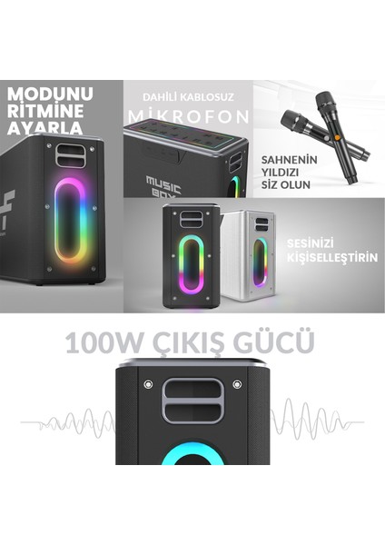 MusicBox Bluetooth 5.0 IPX4 Su Geçirmez RGB Aydınlatmalı 100W TWS Çift Modlu EQ Bass Boost & 3D Çift Mikrofonlu Taşınabilir Karaoke Sistemi Kablosuz Hoparlör Gümüş