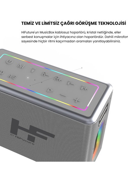 MusicBox Bluetooth 5.0 IPX4 Su Geçirmez RGB Aydınlatmalı 100W TWS Çift Modlu EQ Bass Boost & 3D Çift Mikrofonlu Taşınabilir Karaoke Sistemi Kablosuz Hoparlör Gümüş