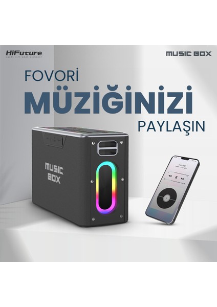 MusicBox Bluetooth 5.0 IPX4 Su Geçirmez RGB Aydınlatmalı 100W TWS Çift Modlu EQ Bass Boost & 3D Çift Mikrofonlu Taşınabilir Karaoke Sistemi Kablosuz Hoparlör Siyah