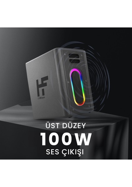 MusicBox Bluetooth 5.0 IPX4 Su Geçirmez RGB Aydınlatmalı 100W TWS Çift Modlu EQ Bass Boost & 3D Çift Mikrofonlu Taşınabilir Karaoke Sistemi Kablosuz Hoparlör Siyah
