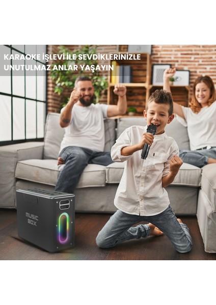 MusicBox Bluetooth 5.0 IPX4 Su Geçirmez RGB Aydınlatmalı 100W TWS Çift Modlu EQ Bass Boost & 3D Çift Mikrofonlu Taşınabilir Karaoke Sistemi Kablosuz Hoparlör Siyah