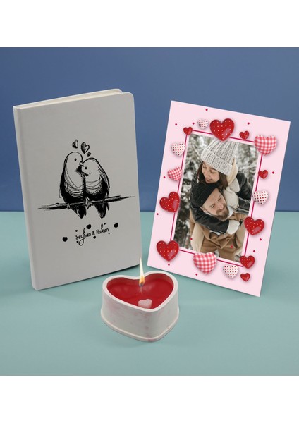 Sevgililere Özel Beyaz Defter Dekoratif Çerçeve ve Kalp Taş Obje Kokulu Mum Hediye Seti-4, Sevgiliye Hediye, Sevgililer Günü