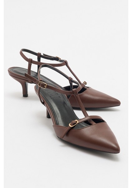 Frans Kahve Cilt Kadın Sivri Burun Arkası Açık Kısa Topuklu Ayakkabı