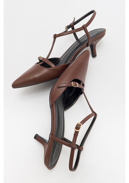 Frans Kahve Cilt Kadın Sivri Burun Arkası Açık Kısa Topuklu Ayakkabı modelleri