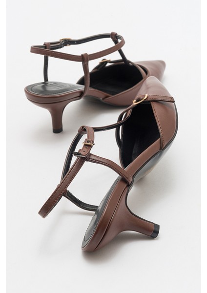 Frans Kahve Cilt Kadın Sivri Burun Arkası Açık Kısa Topuklu Ayakkabı fırsatları