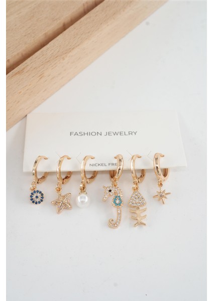 Kadın Vip Seri Özel Tasarım Baget Zirkon Taşlı 6'lı Küpe Seti