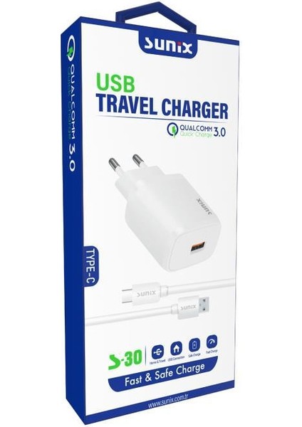 Qualcomm 3.0 Usb-A Girişli Hızlı Type-C Şarj Aleti Seti Beyaz S-30