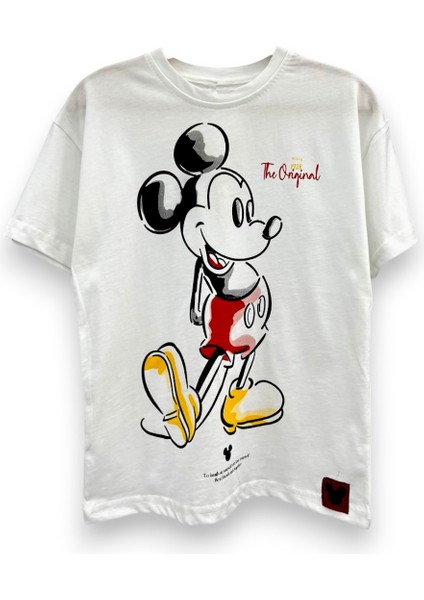 Yeni Sezon Ekru / Beyaz Renk Üzeri Mickey Oversize T-Shirt