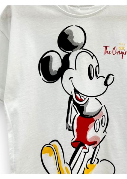 Yeni Sezon Ekru / Beyaz Renk Üzeri Mickey Oversize T-Shirt modelleri
