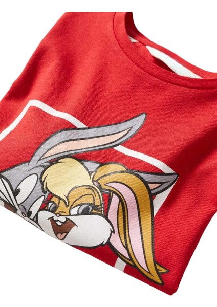 Yeni Sezon Kırmızı Renk Tavşan Baskılı Sevilen Karakterler Detaylı T-Shirt