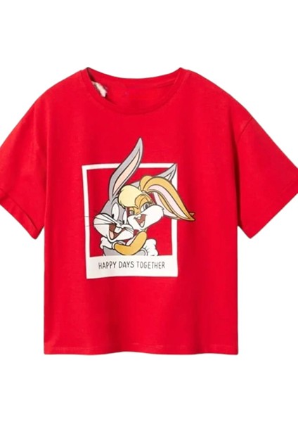 Yeni Sezon Kırmızı Renk Tavşan Baskılı Sevilen Karakterler Detaylı T-Shirt