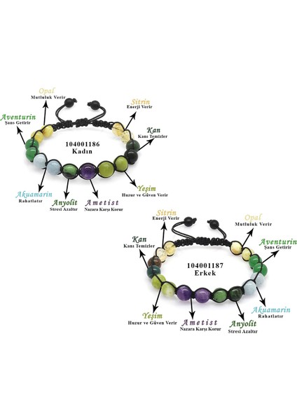 Makrome Örgülü Küre Kesim Çoklu Çoklu Doğaltaş Kombinli Kadın-Erkek Şifa Bilekliği (2li Set)