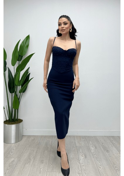 Atlas Kumaş Inci Detaylı Askılı Kalem Elbise - Lacivert fiyatları