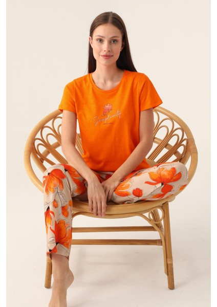 Kadın Kısakol Turuncu Pijama Takım, Yuvarlak Yaka, Alt Pijama Cepli, %100 Pamuk