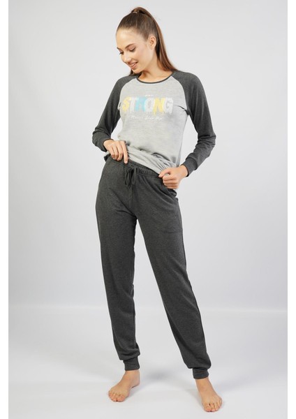 Kadın %100 Pamuk Pijama Takım, Uzunkol Dar Paça