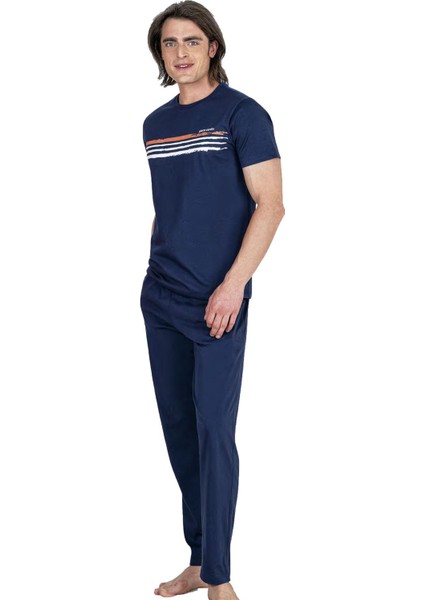 Bisiklet Yaka Kısa Kol Tam Kalıp Erkek Pijama Takım, %100 Pamuk, Ceplidir