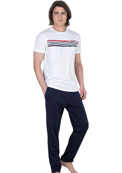 Bisiklet Yaka Kısa Kol Tam Kalıp Erkek Pijama Takım, %100 Pamuk, Ceplidir
