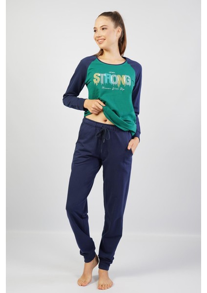 Kadın %100 Pamuk Pijama Takım, Uzunkol Dar Paça