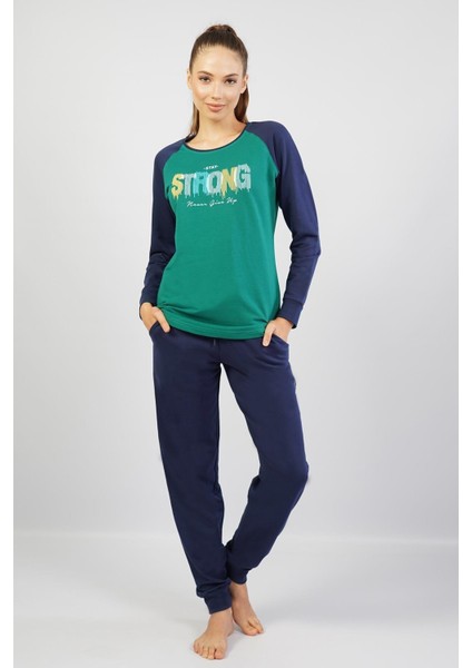 Kadın %100 Pamuk Pijama Takım, Uzunkol Dar Paça