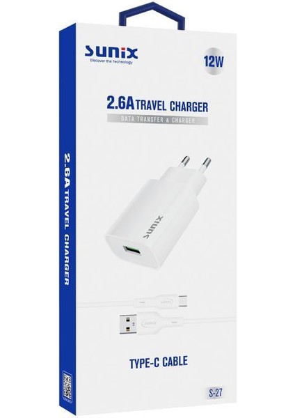 2.6A Usb-A Girişli Type-C Şarj Aleti Seti Beyaz S-27