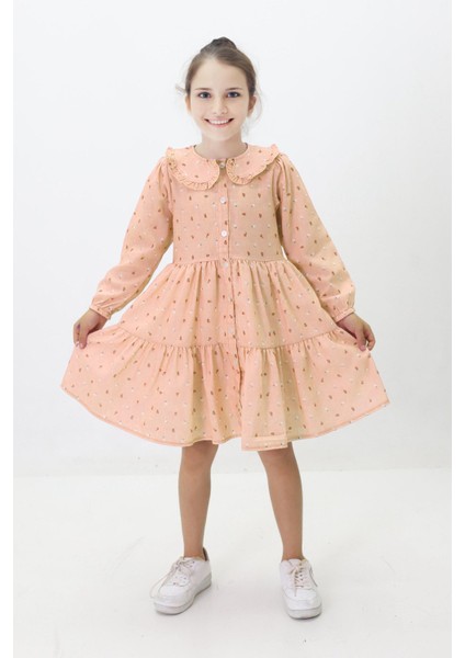 Çiçek Baskılı Düğmeli Kız Çocuk Astarlı Elbise - Somon
