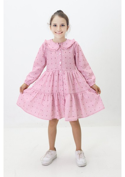 Çiçek Baskılı Düğmeli Kız Çocuk Astarlı Elbise - Pembe