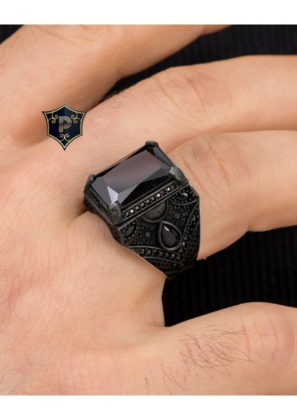 Gümüş Kara Siyah Zirkon Taşlı 925 Ayar Gümüş Erkek Yüzüğü modelleri