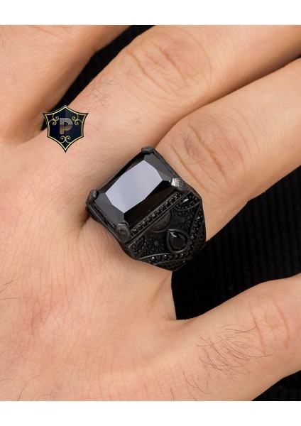 Gümüş Kara Siyah Zirkon Taşlı 925 Ayar Gümüş Erkek Yüzüğü fırsatları