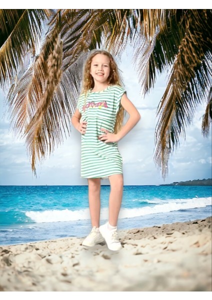 Kız Çocuk Yeşil Çizgili Penye Elbise