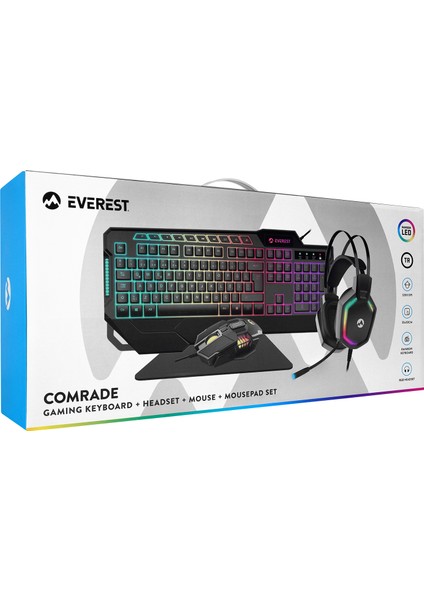 KM-R44 Comrade Black USB Gaming LED Keyboard Q Oyuncu Multimedia + Headset + Mouse + Mousepad