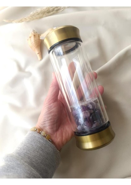 Cam Su Şişesi Termos Matara Ametist Doğal Taş Kristal Kupa 250 ml Çelik Kapak