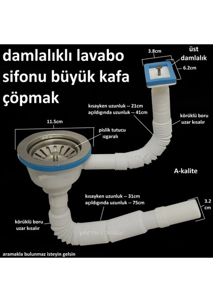 Çöpmak Büyük Kafa Lavabo Sifonu Gider Borusu Körüklü Taşmalıklı