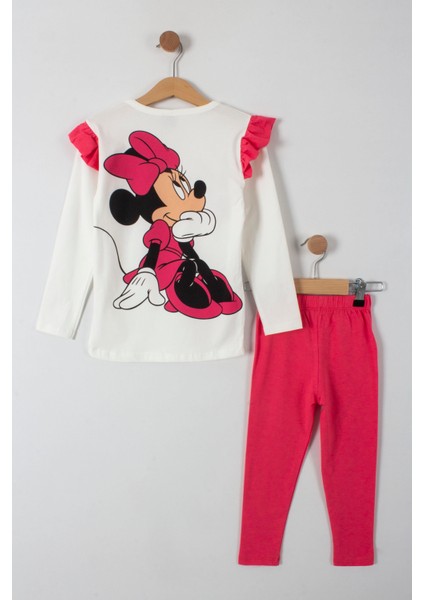 Minnie Yazı Baskılı Kolları Fırfırlı Taytlı Kız Çocuk Alt Üst Takım