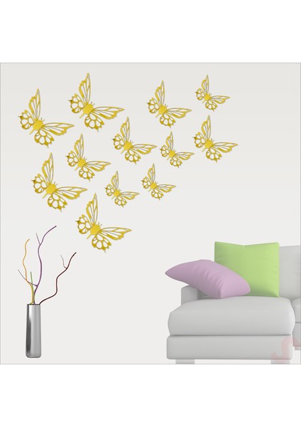 3 Boyutlu Kelebek, Karton Sticker 12 Adet - Metalik Altın