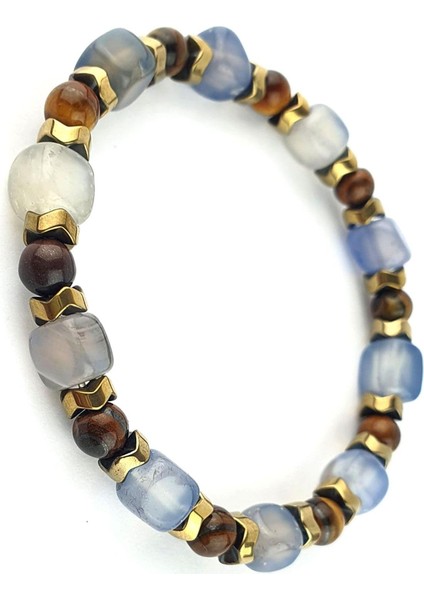 Akik Kaplan Gözü ve Hematit Taşlı El Işi Tasarım Doğal Taş Bileklik