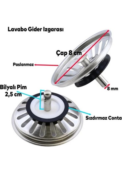 Çöpmak Paslanmaz Çelik Sifon Süzgeci 8 cm Lavabo Evye Süzgeci Lavabo Gider Süzgeci