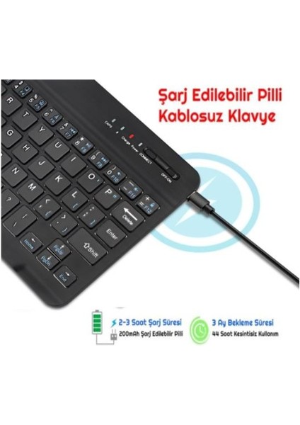 Wenn Tab Ultra 10.1" Uyumlu Kablosuz Bluetooth Şarj Edilebilir Mini Q Klavye Mouse Seti - Pembe