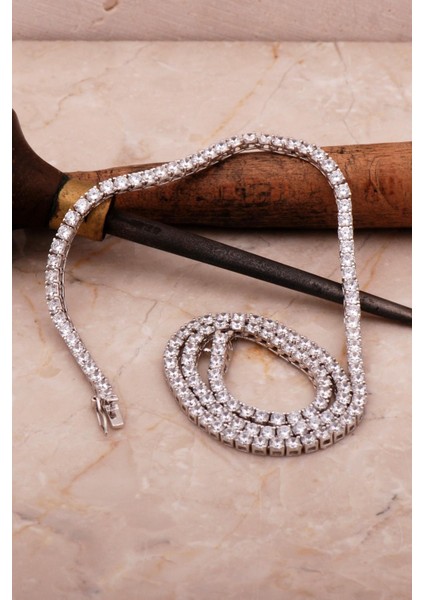 Su Yolu 3 mm Pırlanta Montürlü Gümüş Kolye 7953