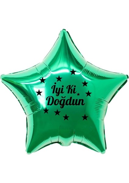 18 inç Yeşil Renk Yıldız Figürlü İyi ki Doğdun Temalı Yıldız Folyo Balon