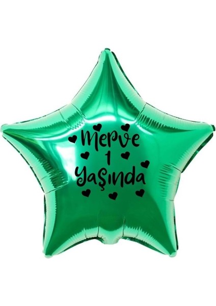 18 inç Yeşil Renk Kişiye Özel Yaşında Yazılı Kalp Figürlü Yıldız Folyo Balon