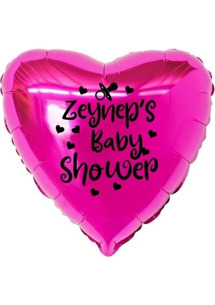18 inç Fuşya Renk Kişiye Özel Baby Showers Yazılı Emzik-Kalp Figürlü Kalp Folyo Balon