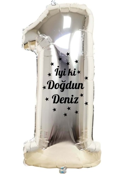 34 inç 1 Gümüş Renk Kişiye Özel İyi ki Doğdun Yazılı Yıldız Figürlü Rakam Folyo Balon
