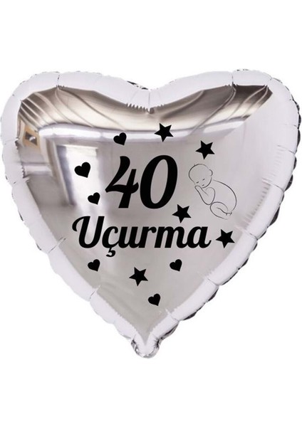 18 inç Gümüş Renk Bebek Figürlü 40 Uçurma Temalı Kalp Folyo Balon