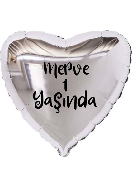 18 inç Gümüş Renk Kişiye Özel Yaşında Yazılı Kalp Folyo Balon