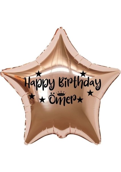 18 inç Rose Gold Renk Kişiye Özel Happy Birthday Yazılı Yıldız-Taç Figürlü Yıldız Folyo Balon