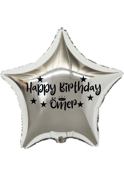 18 inç Gümüş Renk Kişiye Özel Happy Birthday Yazılı Yıldız-Taç Figürlü Yıldız Folyo Balon